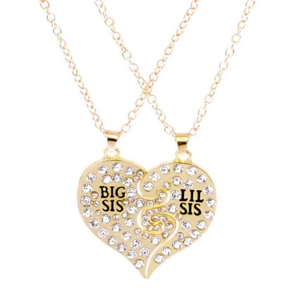 Necklaces Big Sis Lil Sis Set of 2 Gold Tone Heart Rhinestones - Picture 2 of 5
